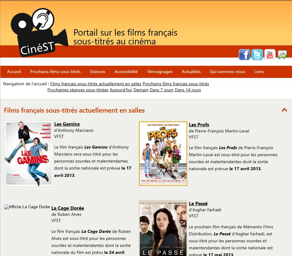 Page d'accueil de la version 2012 de CinéST : bandeau orange avec le logo caméra, menu rouge, et liste des films français sous-titrés à l'affiche accompagnés de leurs affiches.