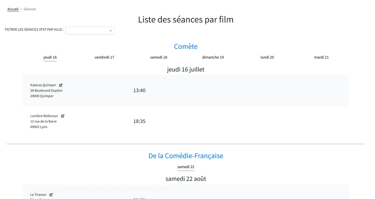 Version 2021 de CinéST : liste des séances par film avec un filtre par ville, les jours en onglets et les horaires détaillés par cinéma.